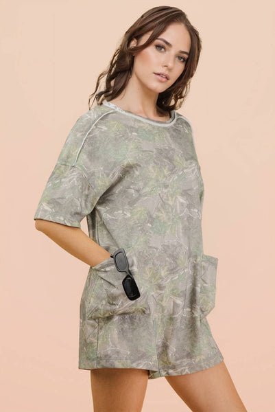Camo Print Knit Casual Romper: OLIVE MIX