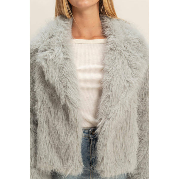 Shawl Collar Faux Fur Jacket: BLACK