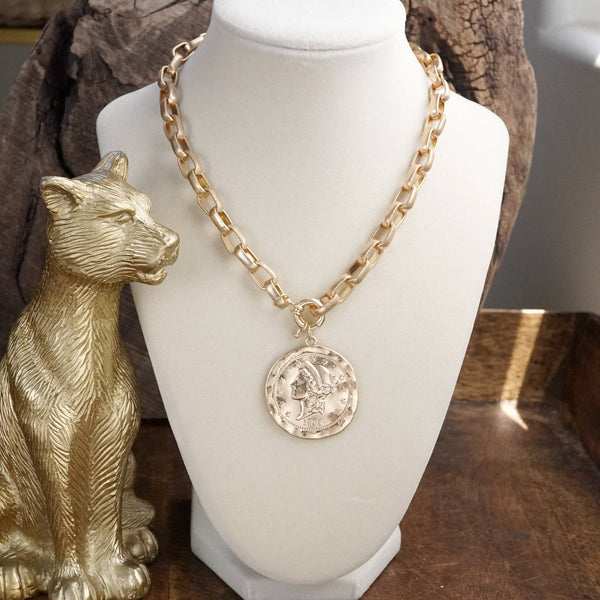 Urban Token – Cable Chain Toggle Bracelet with Coin Charm: Worn Silver Tone