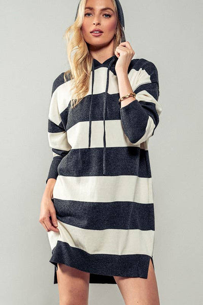 Snug and Striped Hooded Sweater Dress: CHARCOAL / S-2/M-2/L-2