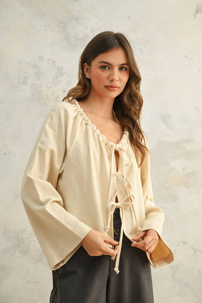 LINEN BLEN TIE FRONT CARDIGAN: Beige