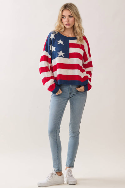 CW2647-American Flag Pattern Knit Pullover Sweater: Red / L