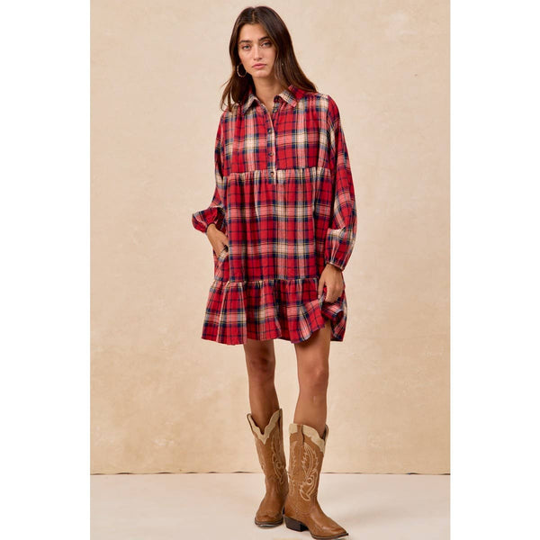 PLAID WOVEN SHRRING BUTTONED TIERED SHIRT DRESS: CAMEL MULTI / XL