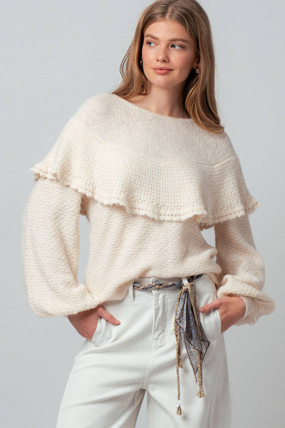 Ruffle Yoke Blouson Sleeve Knit Sweater: NATURAL