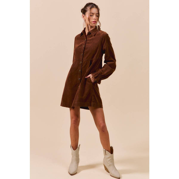 WASHED CORDUROY BUTTON DOWN SHIRT MINI DRESS: BROWN
