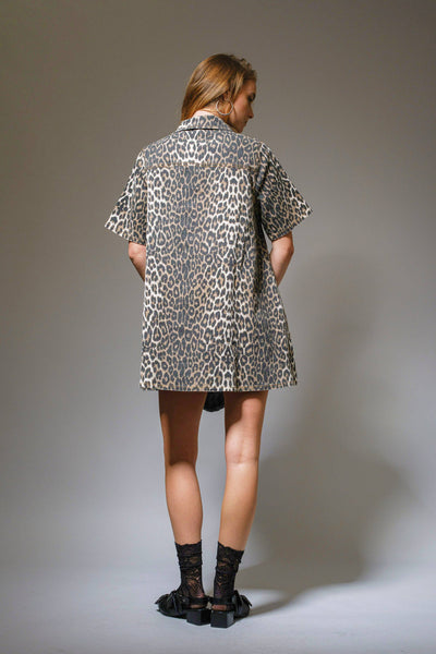 Leopard Print Button-Up Denim Dress: LEOPARD