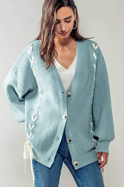 Oversized Heart Pattern Side Lace Up Ribbed Knit Cardigan: BLUE
