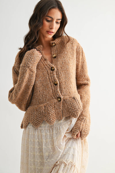 TEXTURED WOOL-BLEND CARDIGAN WITH SCALLOPED HEM: 2TONE MOCHA