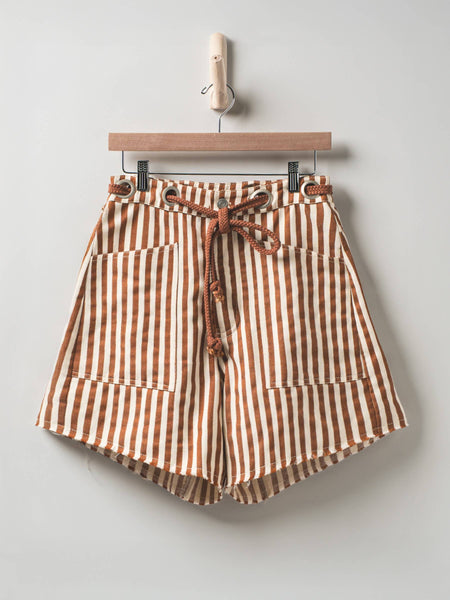 Striped High-Rise Denim Shorts: RED