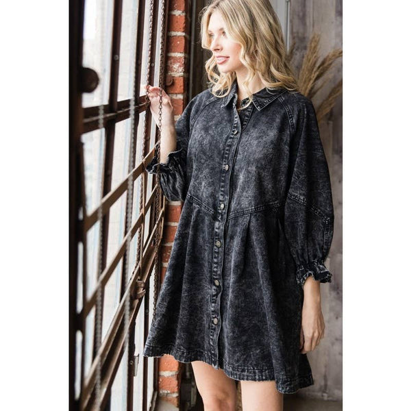 Overfit Button Down Denim Shirt Dress: Black