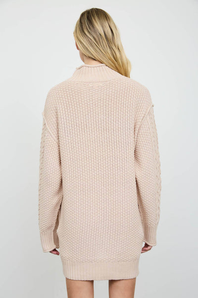 CABLE KNIT MOCK NECK MINI SWEATER DRESS: CHOCOLATE BROWN