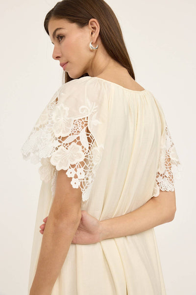 Crochet Lace Sleeve Dress - CREAM