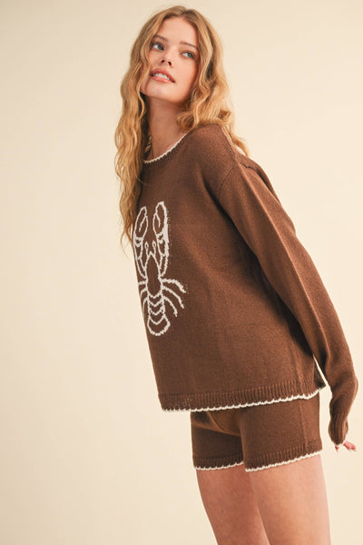 LOBSTER PRINTED KNIT TOP AND SHORTS SET: BROWN/CREAM