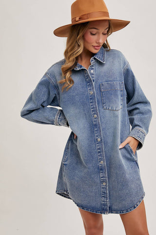 BLUIVY DENIM BUTTON DOWN SHIRT DRESS WITH POCKETS