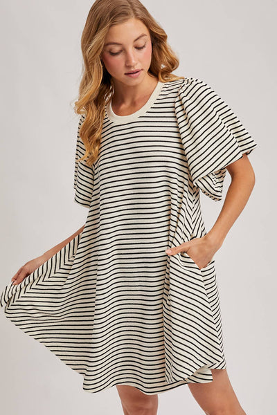 PUFF SLEEVES BILLOWY SILHOUETTE STRIPED DRESS: IVORY