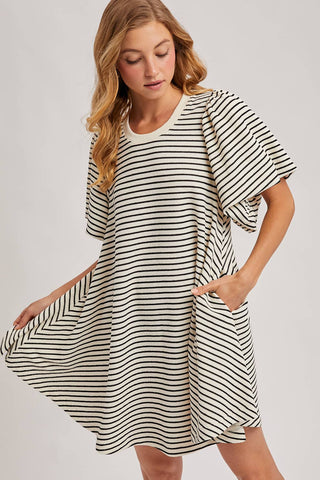 PUFF SLEEVES BILLOWY SILHOUETTE STRIPED DRESS: IVORY