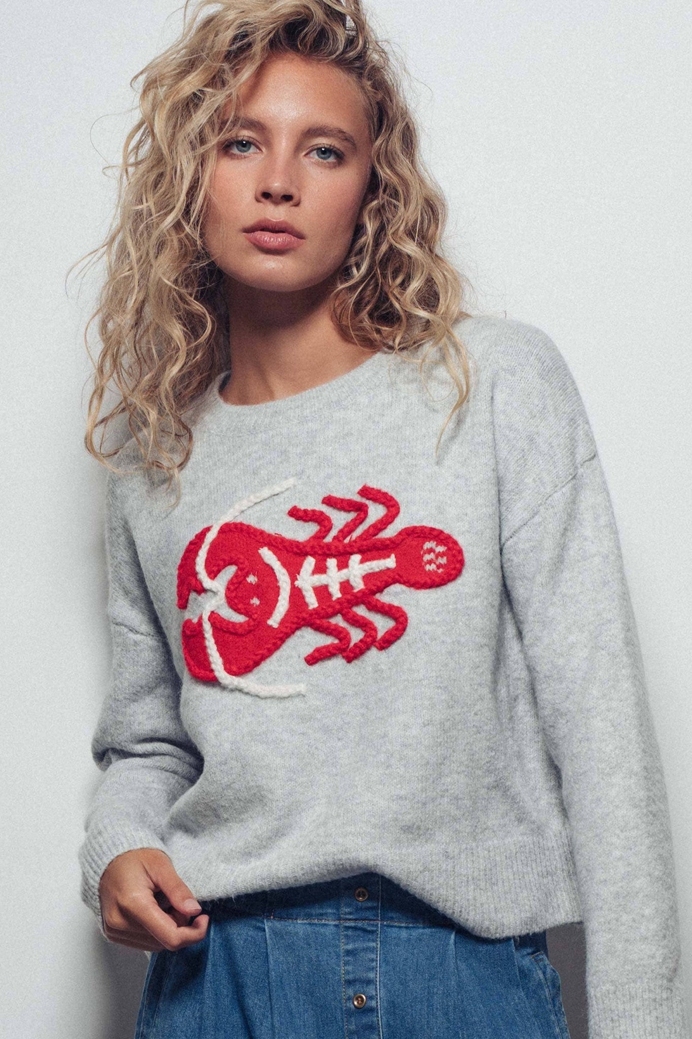 Lobster Embroidered Sweater: GREY