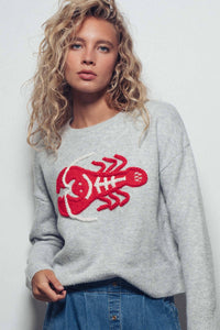 Lobster Embroidered Sweater: GREY