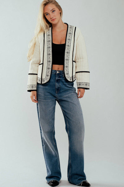 Boho Embroidered Quilted Western Cropped Jacket: BLACK IVORY / S-2/M-2/L-2