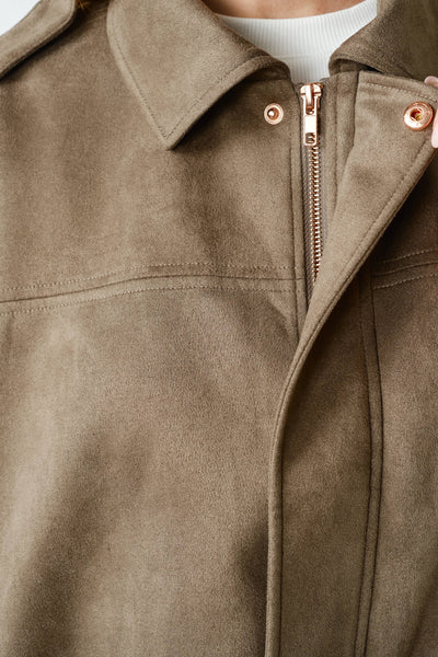 MOJAVE SUEDE-FINISH ZIP-FRONT JACKET: TRUFLE