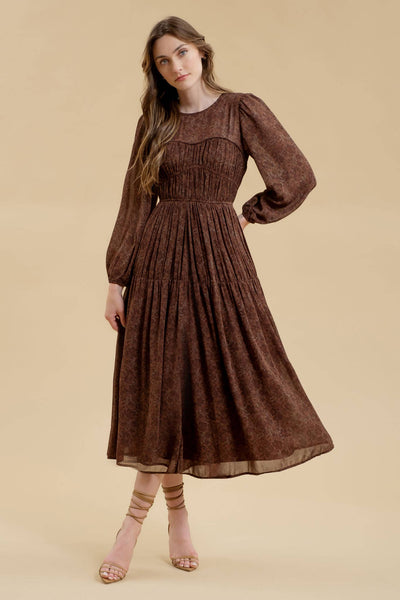 FLORAL SWEETHEART ILLUSION NECK SHIRRED MAXI DRESS: BROWN MULTI