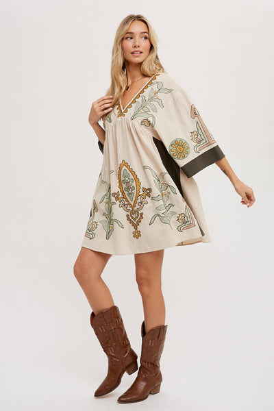BOHO EMBROIDERED BABYDOLL DRESS: SAGE