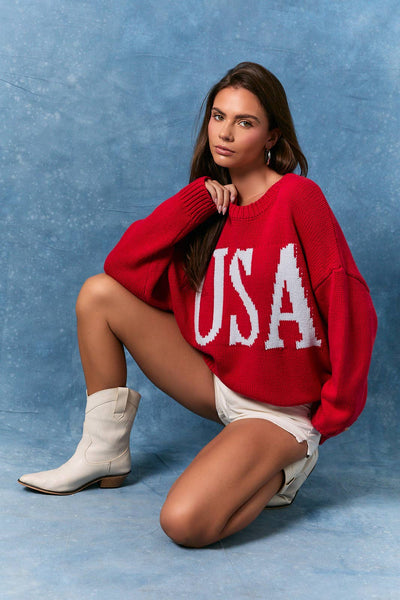 ROUND NECK OVERSIZED SWEATER TOP: RED-BABY BLUE / S