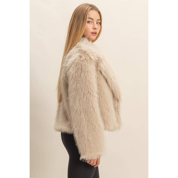 Shawl Collar Faux Fur Jacket: BLACK