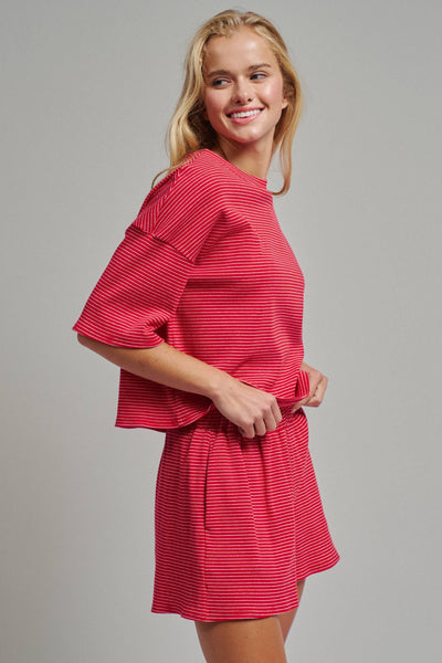 Striped Knit Two-Piece Lounge Set Boxy Tee: RED WHITE / S-M-L:2-2-2