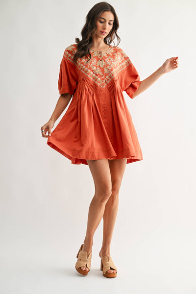 CJD26988 Embroidered Linen Tunic Dress: BURNT ORANGE / S-M-L (3-2-1)