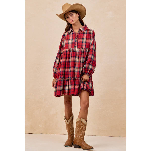 PLAID WOVEN SHRRING BUTTONED TIERED SHIRT DRESS: CAMEL MULTI / S