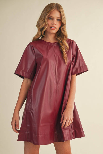FLARED SHORT SLEEVE SWING MINI DRESS WINE