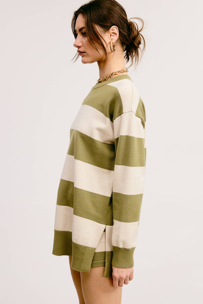 Stripe Knit Sweater and Shorts Matching Set: PICKLE / M
