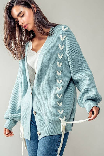 Oversized Heart Pattern Side Lace Up Ribbed Knit Cardigan: BLUE