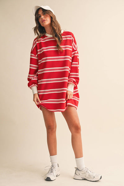 STRIPED LOVE SLEEVE OVERSIZED SWEATSHIRT DRESS: Red
