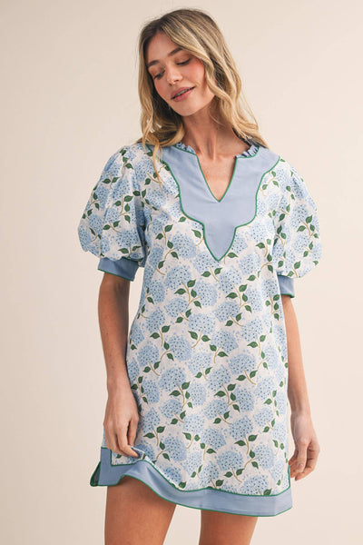 FLORAL PRINT PUFF SLEEVE A-LINE MINI DRESS MDR4855: SAGE GREEN FLORAL / M