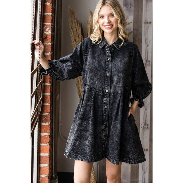 Overfit Button Down Denim Shirt Dress: Black