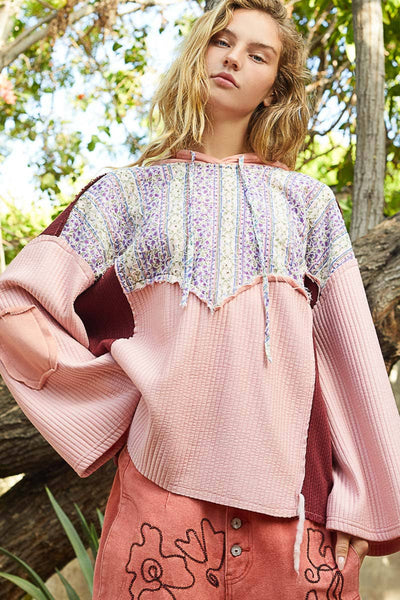 Floral print contrast long sleeve french terry top