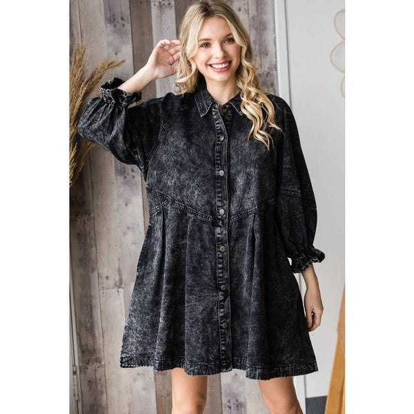 Overfit Button Down Denim Shirt Dress: Black
