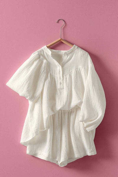 Garment Dyed Cotton Gauze Button Down Top And Shorts Set