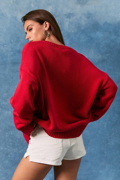 ROUND NECK OVERSIZED SWEATER TOP: RED-BABY BLUE / XS