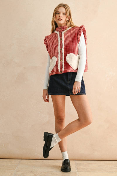 GINGHAM PATTERN SHERPA POCKET VEST: Red