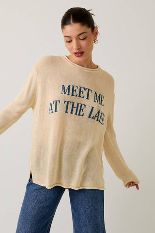 ROUND NECK "MEET ME AT THE LAKE" LT WEIGHT SWEATER: CREAM-BLUE