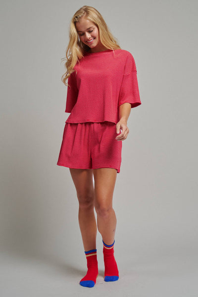 Striped Knit Two-Piece Lounge Set Boxy Tee: RED WHITE / S-M-L:2-2-2
