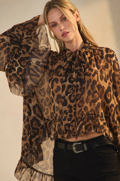 Leopard Printed Chiffon Blouse: Brown Leopard