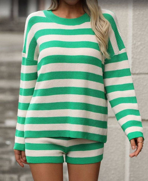 Striped long sleeve 2 piece set : Black White / S