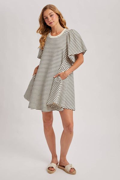 PUFF SLEEVES BILLOWY SILHOUETTE STRIPED DRESS: IVORY