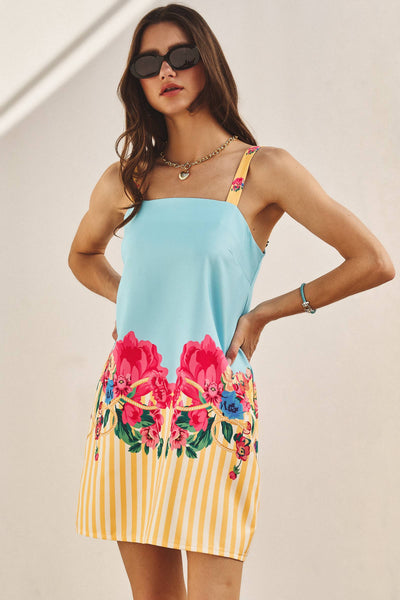 Floral & Stripe Mixed Print Satin Mini Dress: BLUE MULTI