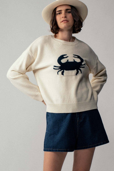 Crab Graphic Relaxed Knit Sweater: Ivory