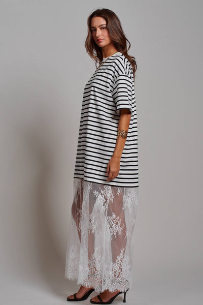 Mixed-Media T-Shirt Dress with Sheer Lace Skirt: Stripe